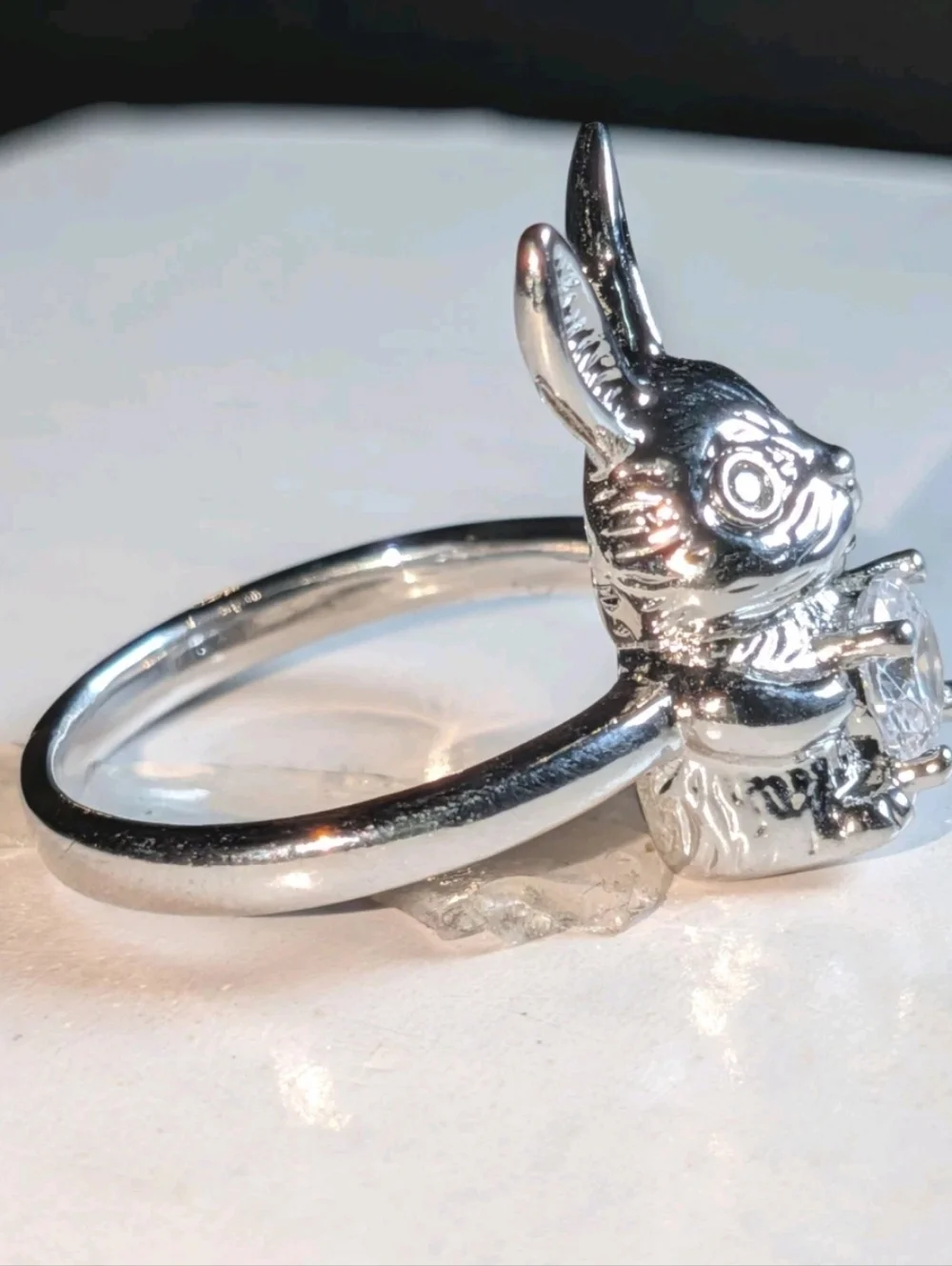 Women's Silver Plated Retro Rabbit Shaped Vintage Lab-Created Diamond Ring Sz 6